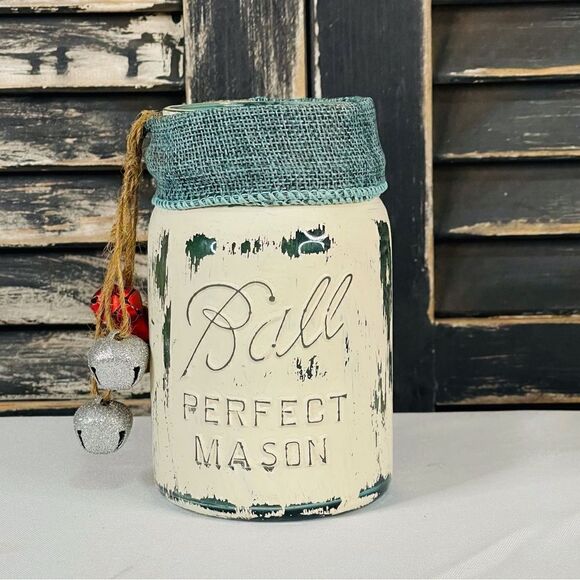 Hand-Painted Cream Color Antique Ball Pint Blue Mason Jar with Burlap & Bells - Picture 1 of 5